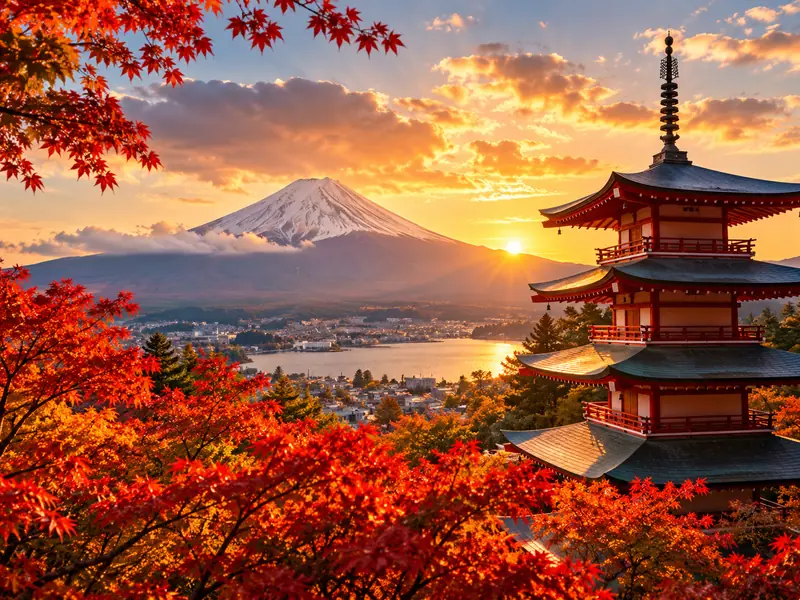 Monte Fuji y pagoda en otoño