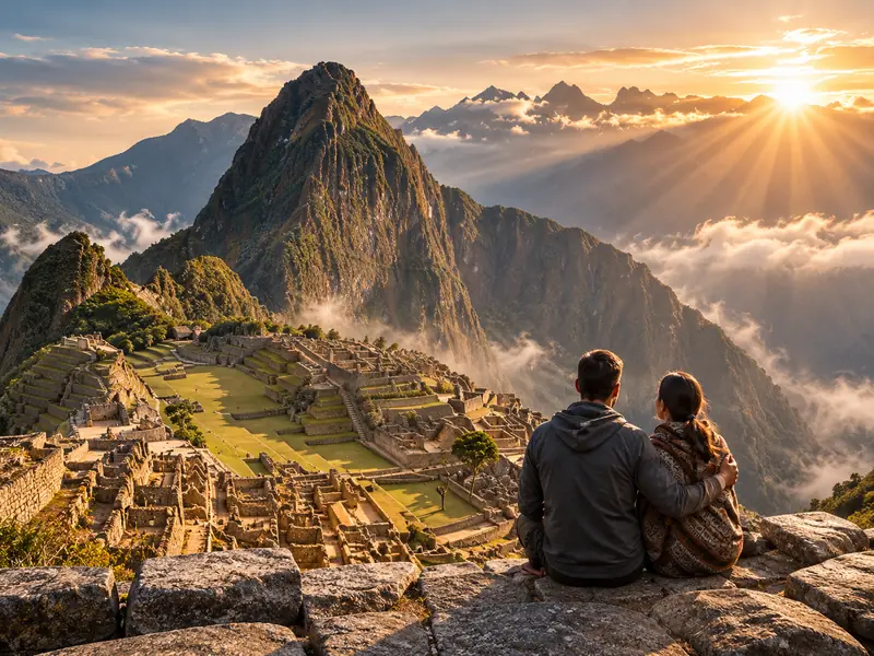 Pareja contemplando Machu Picchu al amanecer