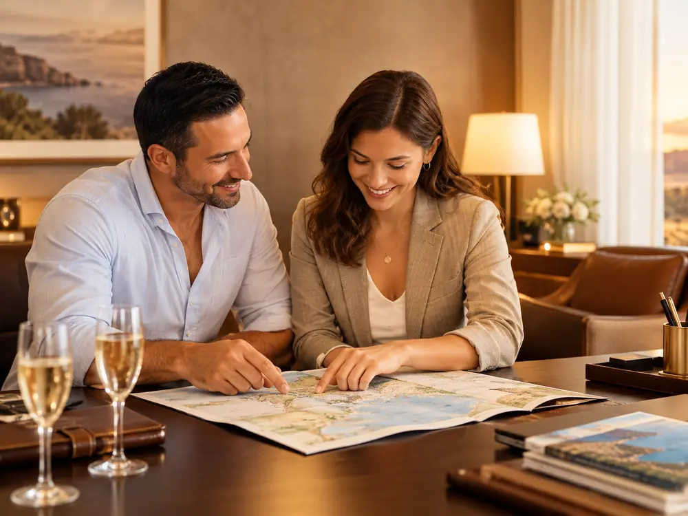 Pareja planeando su viaje con un mapa