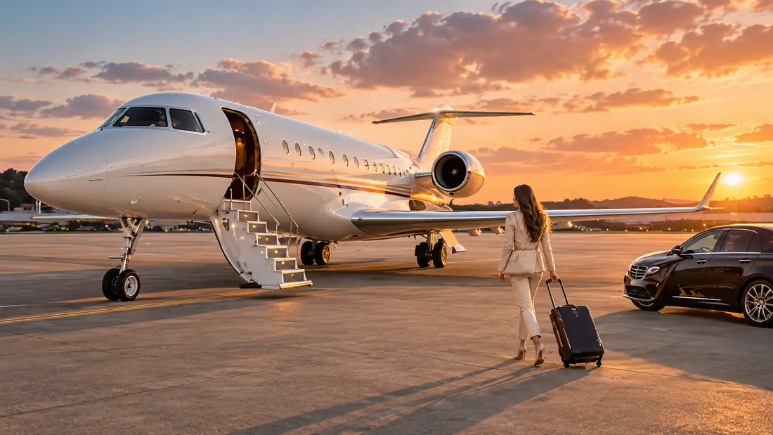 Viajera caminando hacia un jet privado al atardecer